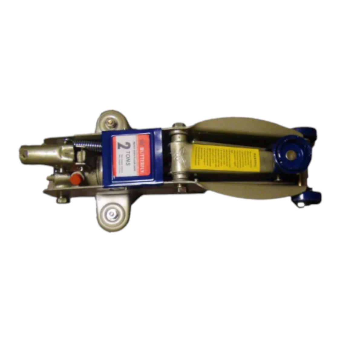 A hydraulic floor jack with a brass-toned metal body, a blue and red label, and a yellow warning sticker, photographed against a plain white background.