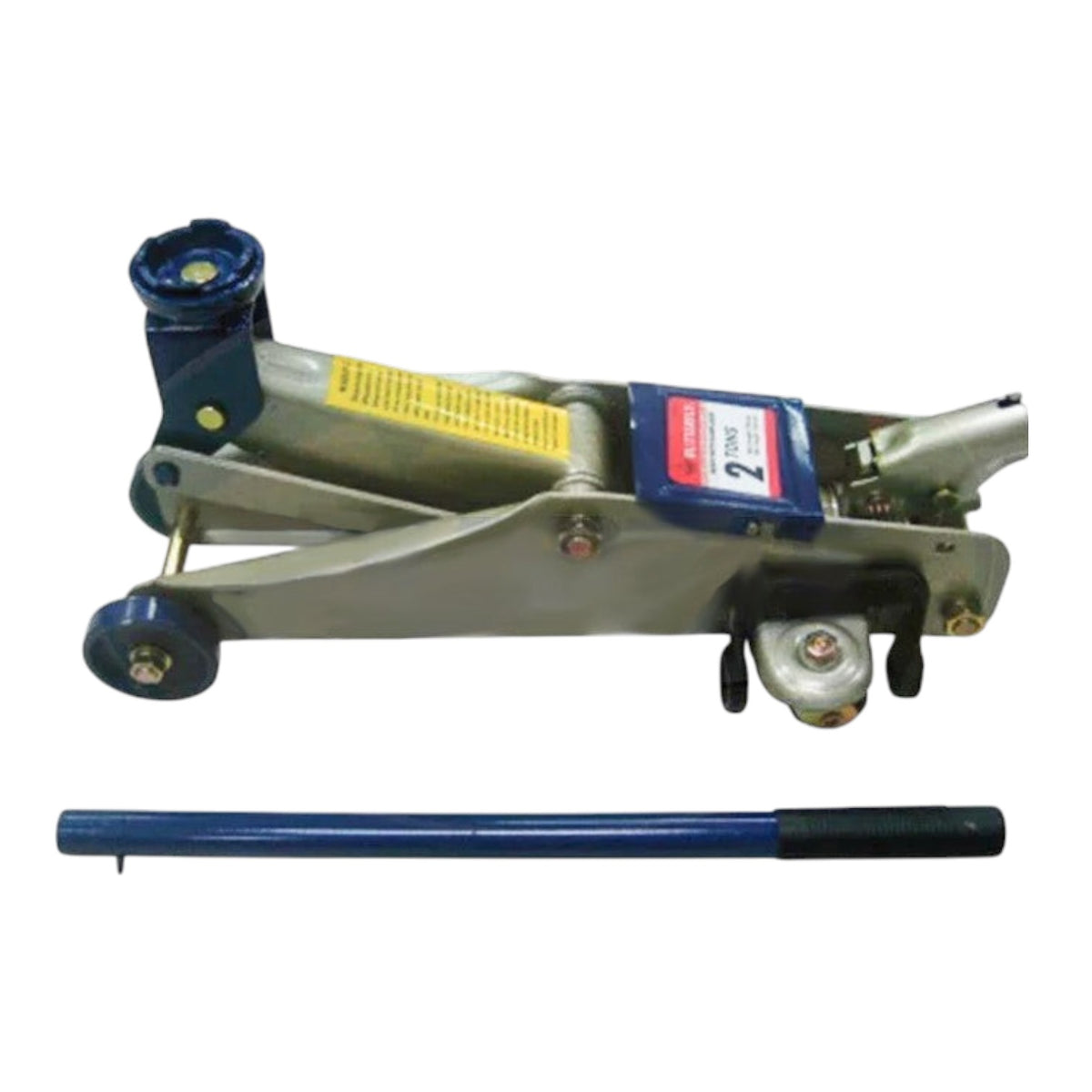 A hydraulic floor jack with a silver metal body, blue components, and a separate blue handle shown below on a plain white background.
