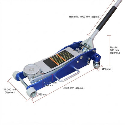 Blue and silver hydraulic floor jack with overlaid dimension lines and text labels showing handle length, wheel diameter, width, and maximum height on a white background.
