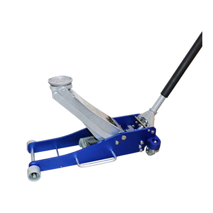 A blue and silver hydraulic floor jack with a black handle, shown on a plain white background.