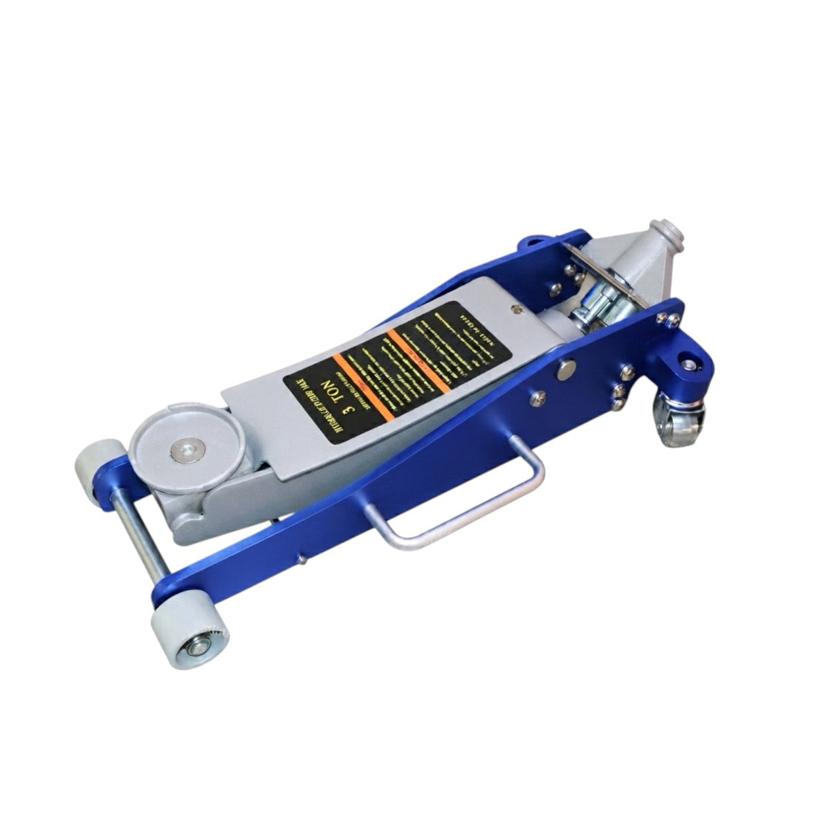 A blue and silver hydraulic floor jack with white wheels and a black label, shown on a plain white background.