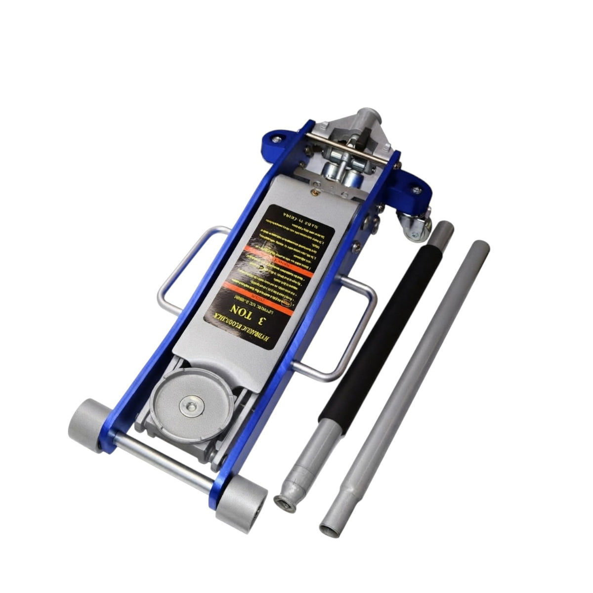 A 3-ton hydraulic floor jack with blue and silver metal components, shown with two extension bars on a plain white background.