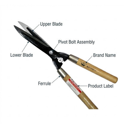A pair of garden shears with labeled callouts pointing to the upper blade, lower blade, pivot bolt assembly, ferrule, and brand name on the handle. The shears have black metal blades and shafts with light wood handles and a small red-and-white product label.