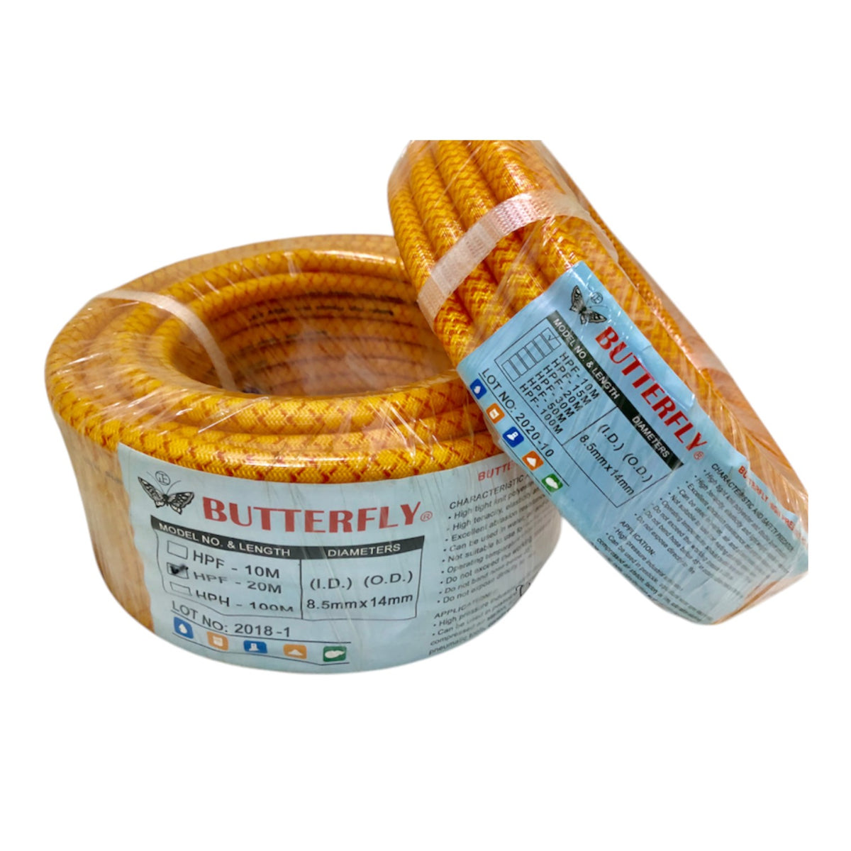 Two rolls of orange-yellow butterfly netting wrapped in clear plastic with white and blue labels, shown on a plain white background.