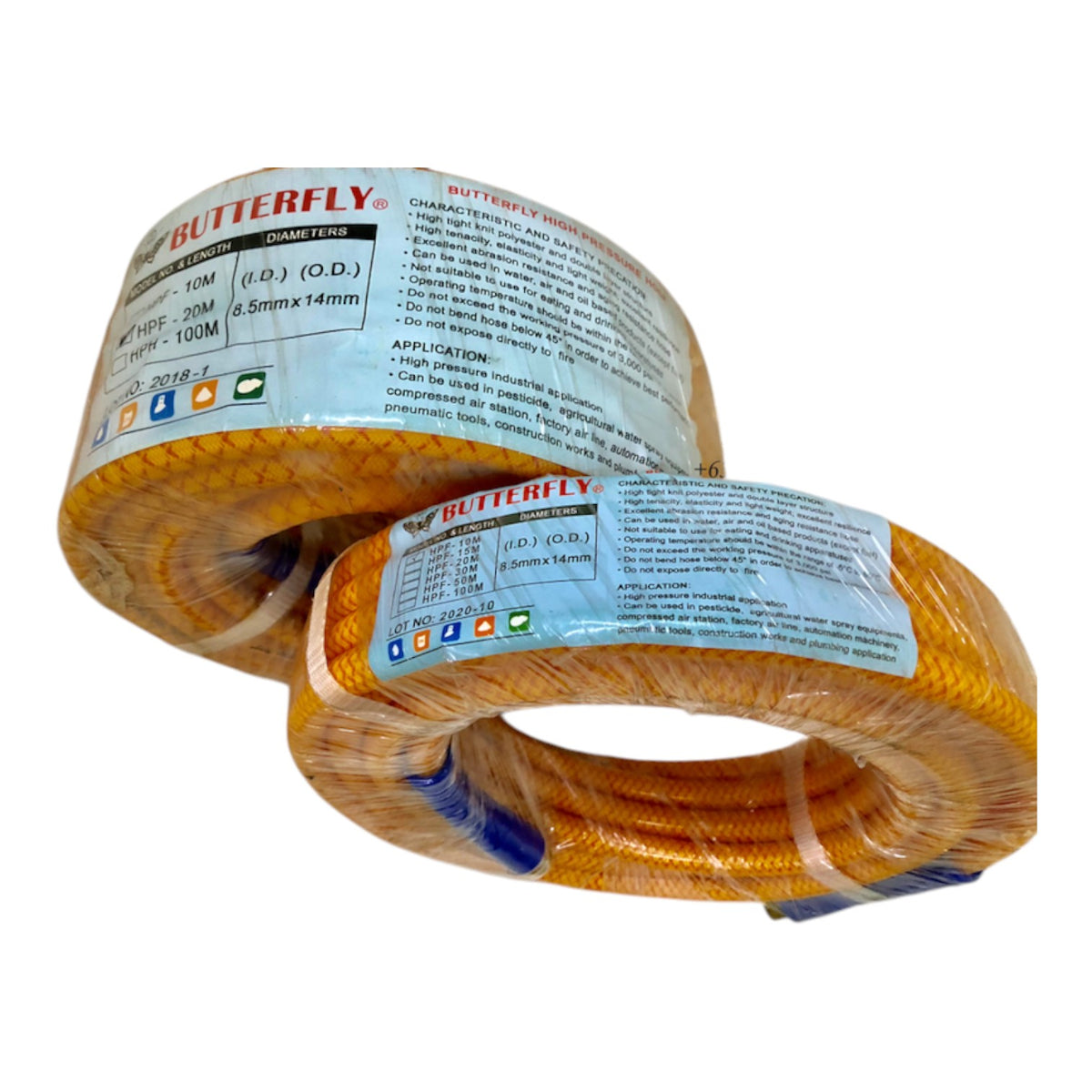 Two rolls of orange butterfly mesh hose wrapped in clear plastic with white product labels, shown on a plain white background.