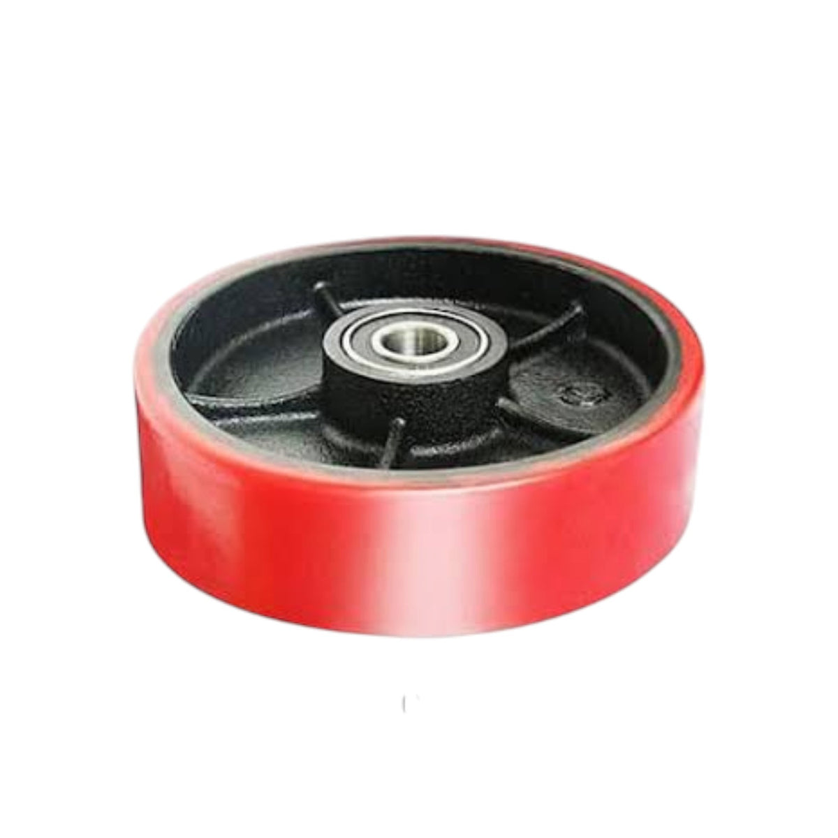 A heavy-duty industrial wheel with a red outer rubber tire and a black cast metal hub featuring a central bearing.