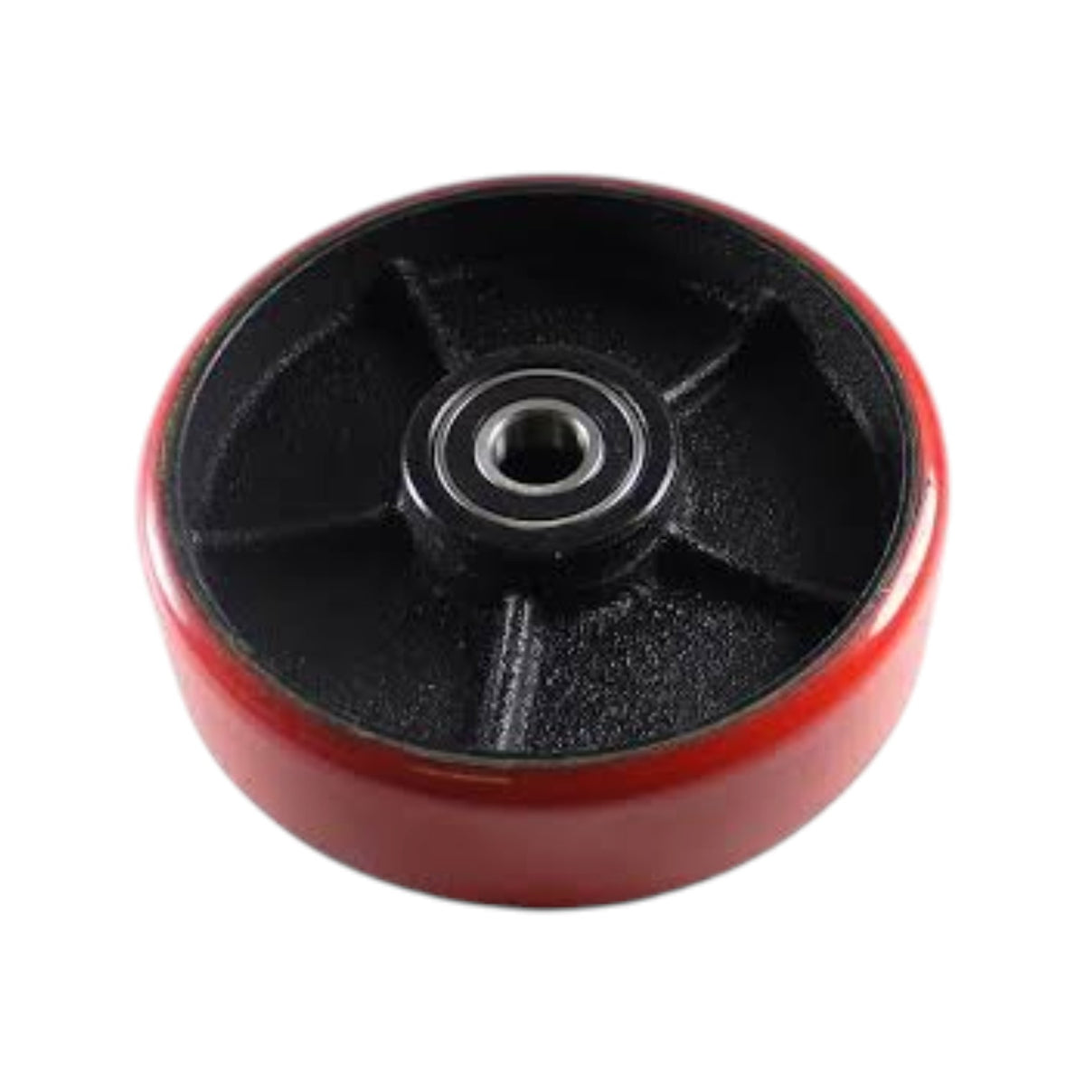 A single industrial caster wheel with a red outer rubber tire and a black cast metal hub featuring a central bearing, shown on a plain white background.