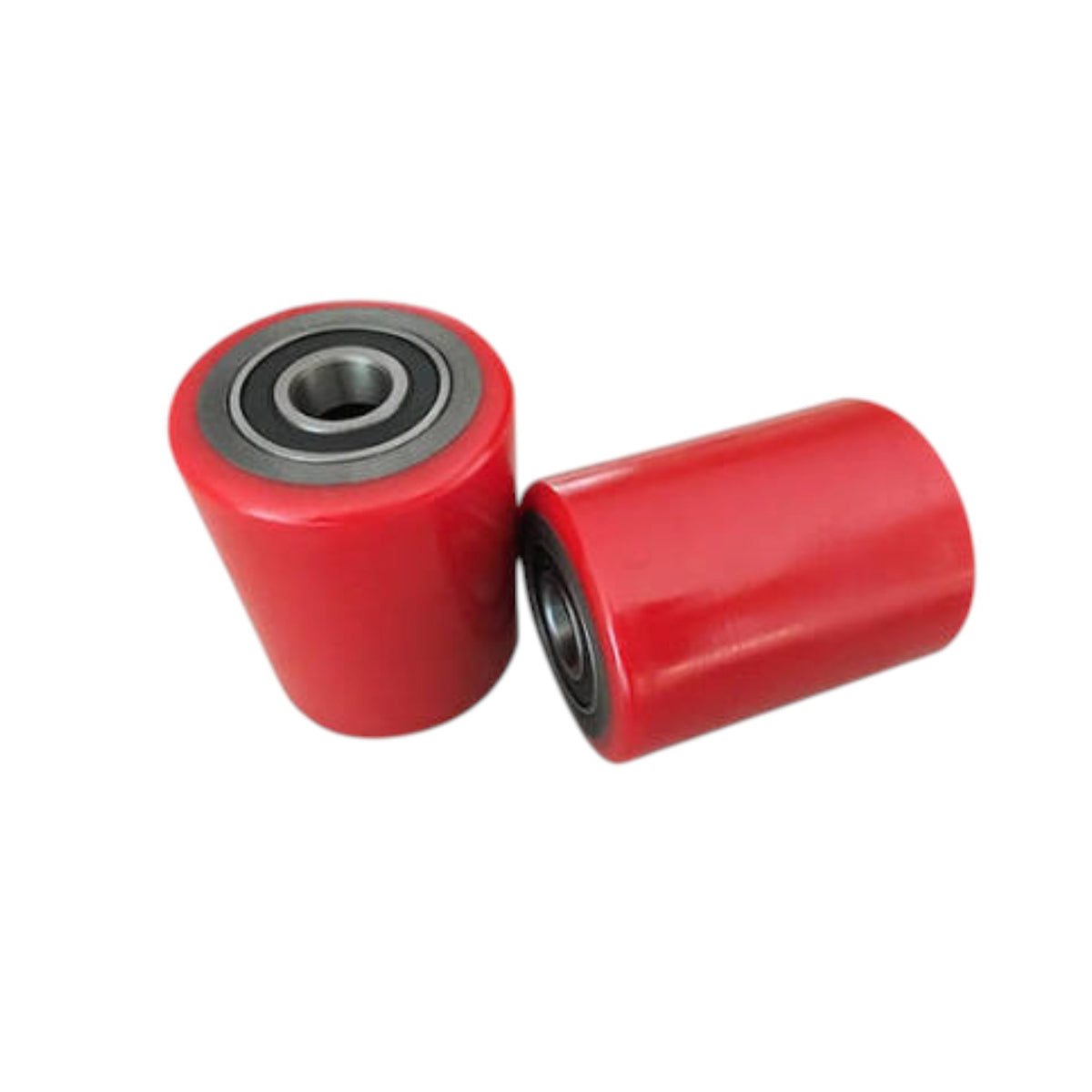 Two red cylindrical roller bearings with visible inner and outer rings, shown on a plain white background.