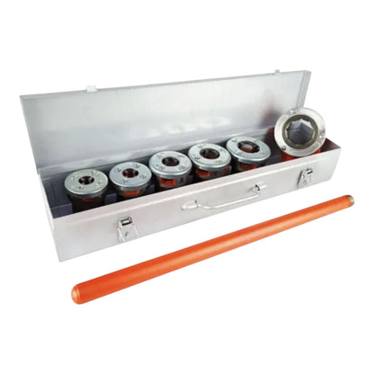 A metal tool kit shown open on a white background, containing five silver cylindrical components with red accents, a large silver ring-like piece, and an orange rod placed in front.