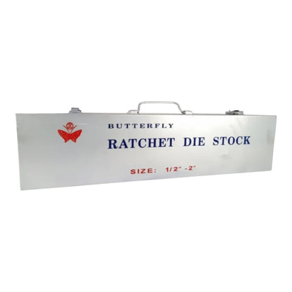 A rectangular metal case labeled 'BUTTERFLY RATCHET DIE STOCK' with a top handle, shown on a plain white background. The case is silver with blue text and a small red butterfly logo.