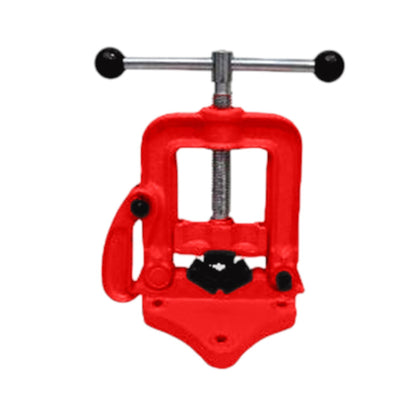 A red pipe cutter tool with a silver metal handle and black knobs, isolated on a white background.