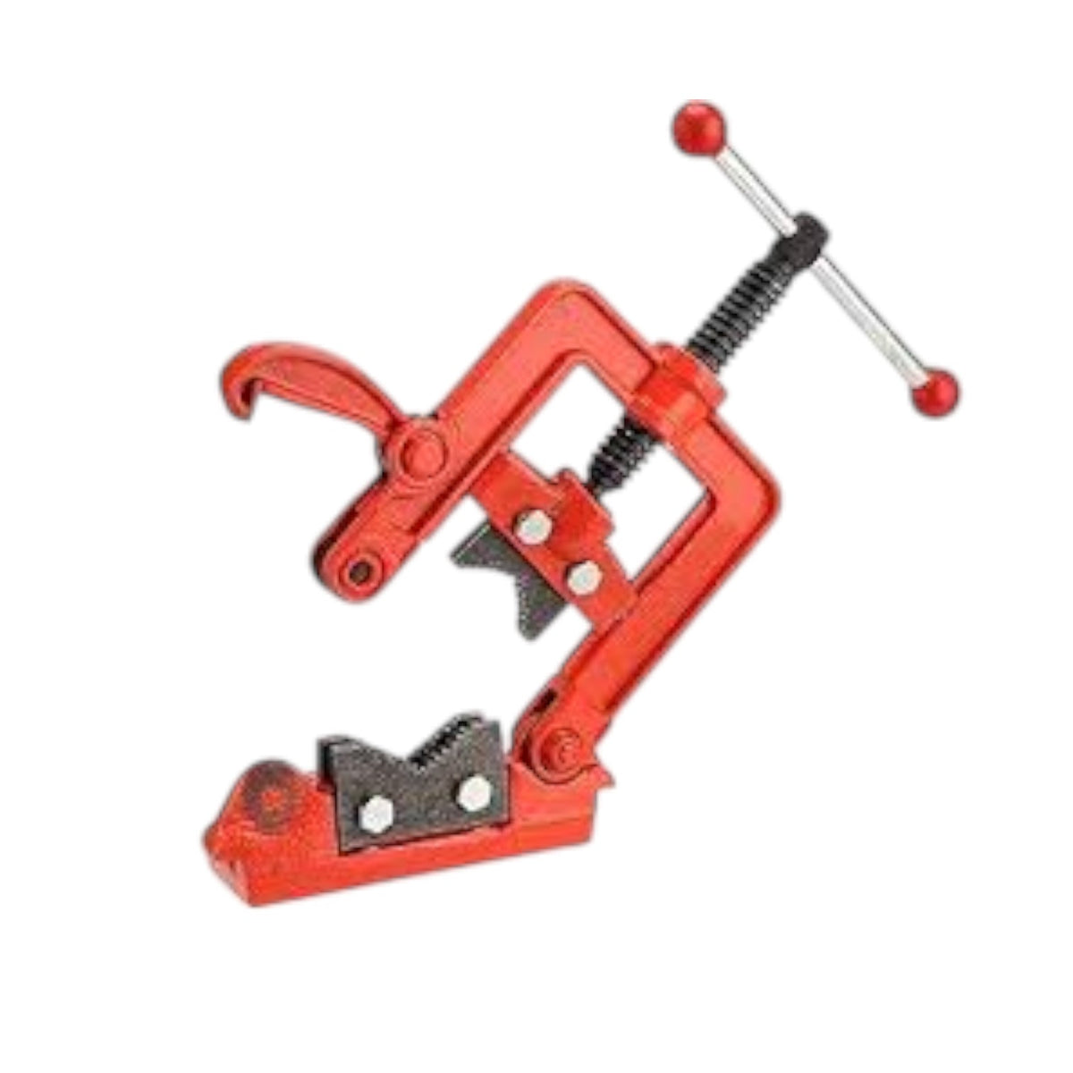 A red pipe clamp with a black screw mechanism and silver handle, isolated on a white background.