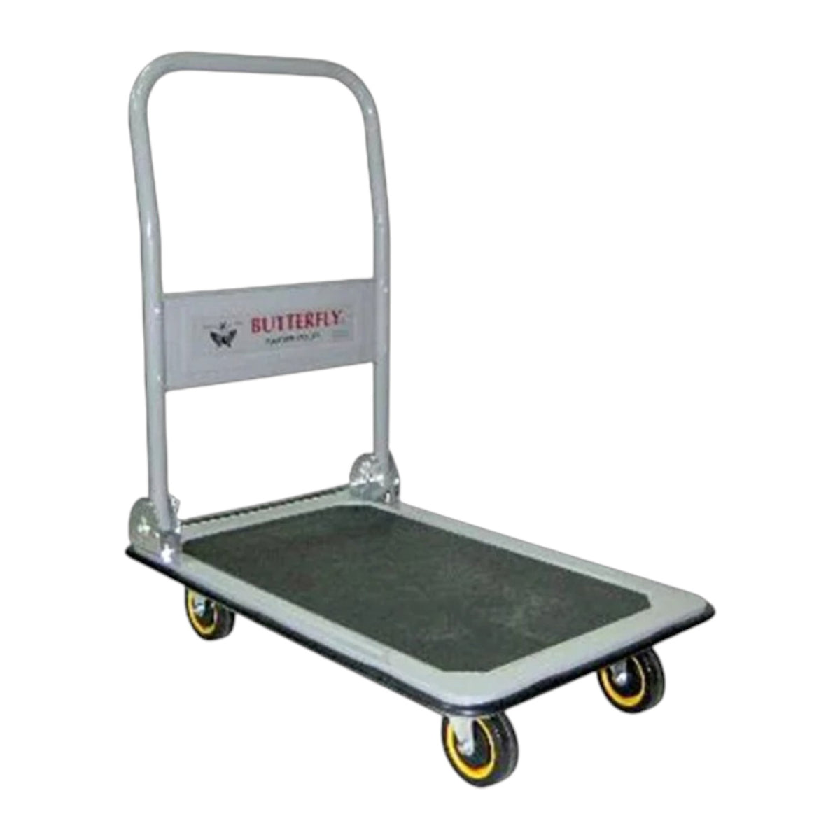 A silver metal utility dolly cart with a black textured rubber mat on the deck, four wheels with yellow accents, and a silver handle. The brand name 'BUTTERFLY' is visible on the side panel.