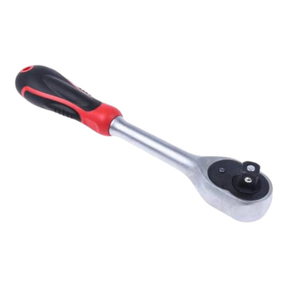 A manual ratchet wrench with a silver metal head and a black and red ergonomic handle, shown on a plain white background.