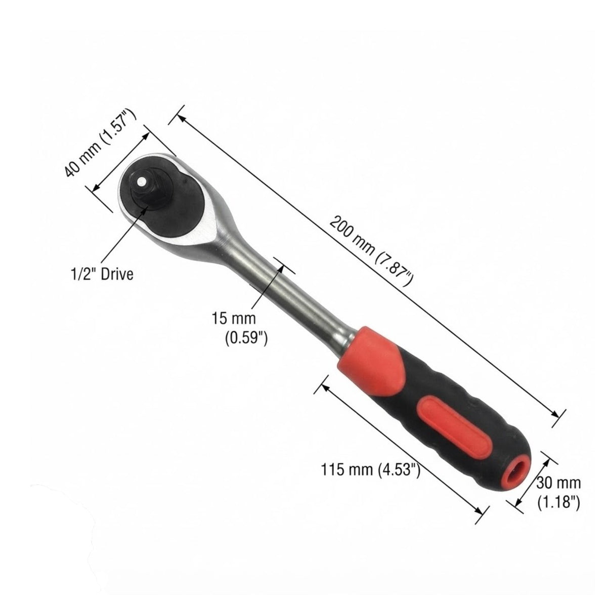 A ratchet wrench with a silver metal head and a red and black handle, shown with dimension lines and labels indicating 40 mm head size, 200 mm total length, 115 mm handle length, and 30 mm socket size.