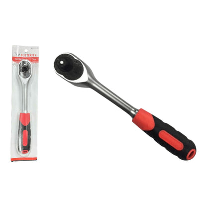 A socket wrench ratchet tool shown loose on a white background, alongside its retail packaging. The tool features a silver metal head and a handle with red and black grip sections.