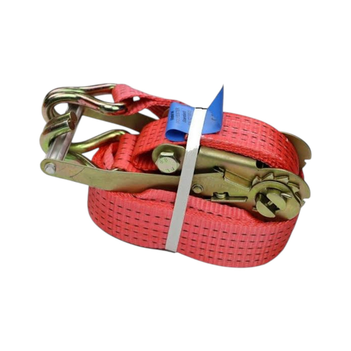 A red webbed ratchet strap with brass-toned metal hardware, secured with a white strap and a blue tag, isolated on a white background.