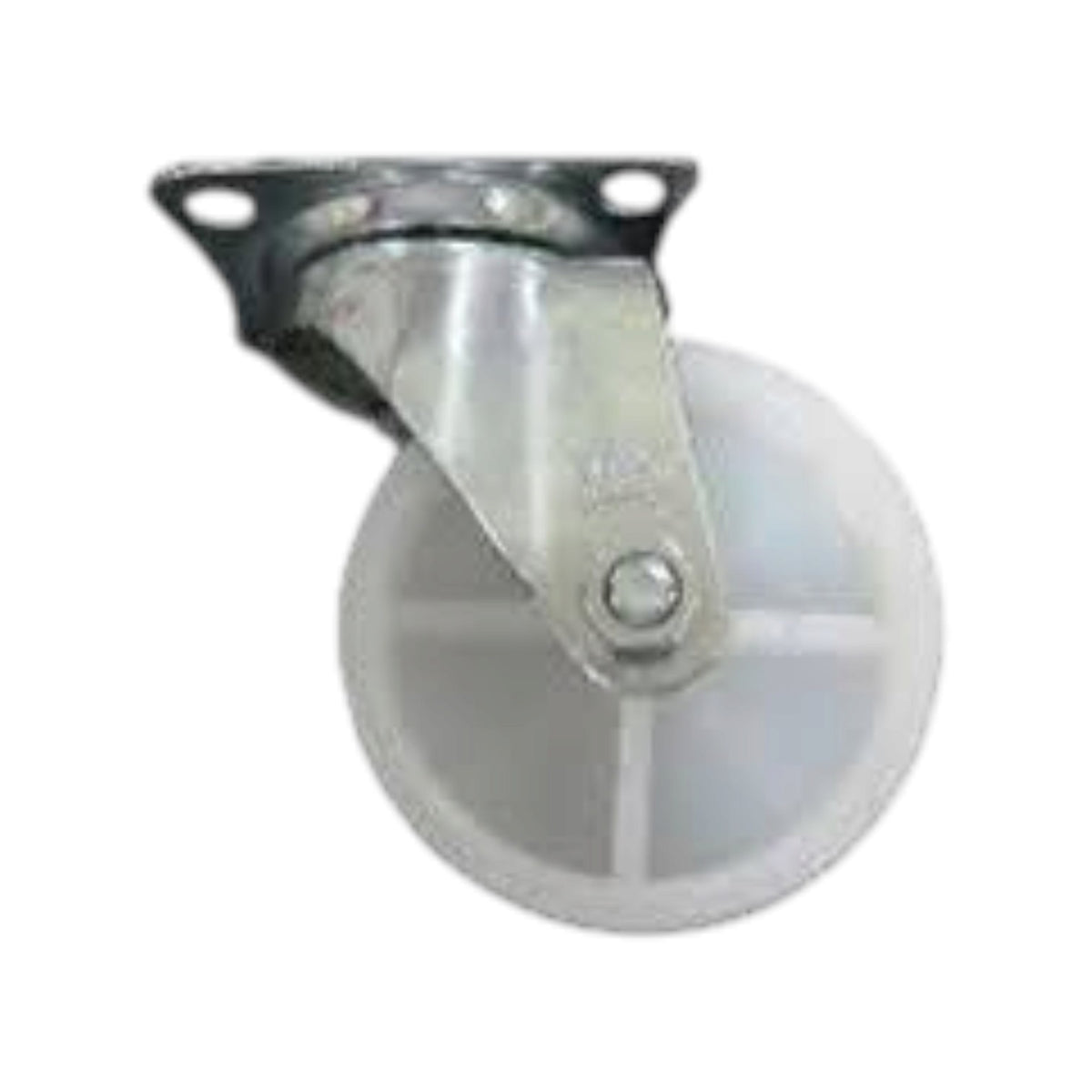 A heavy-duty industrial swivel caster wheel with a white plastic multi-spoke wheel, a galvanized steel swivel housing, and a black metal mounting bracket, shown on a plain white background.