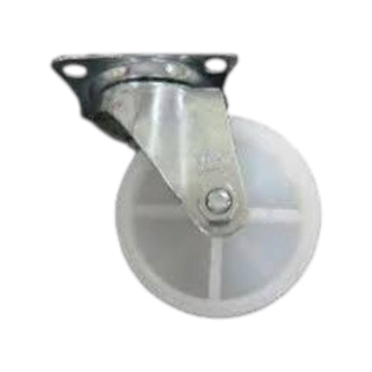 A heavy-duty industrial swivel caster wheel with a white plastic multi-spoke wheel, a galvanized steel swivel housing, and a black metal mounting bracket, shown on a plain white background.