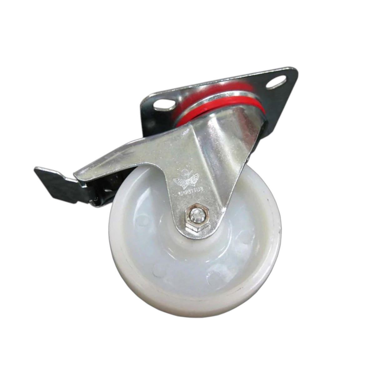 A heavy-duty caster wheel with a white plastic wheel, a silver metal swivel housing, a black mounting bracket, and a red rubber seal, shown on a plain white background.