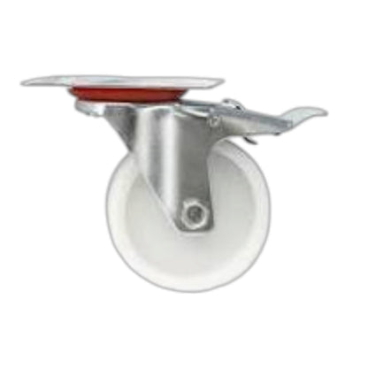 A single industrial swivel caster wheel with a white plastic wheel, a silver metal hub, a silver flat mounting plate, and a red rubber seal, isolated on a white background.