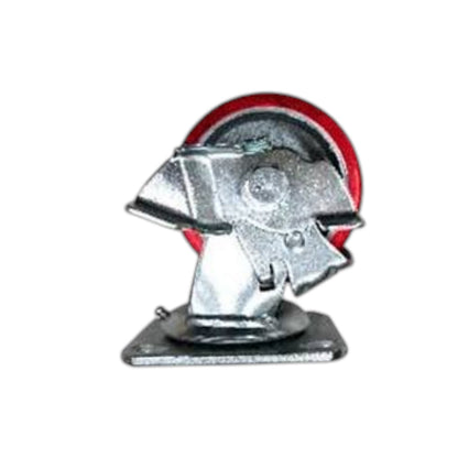 A galvanized steel swivel caster wheel with a red rubber tire, isolated on a white background.