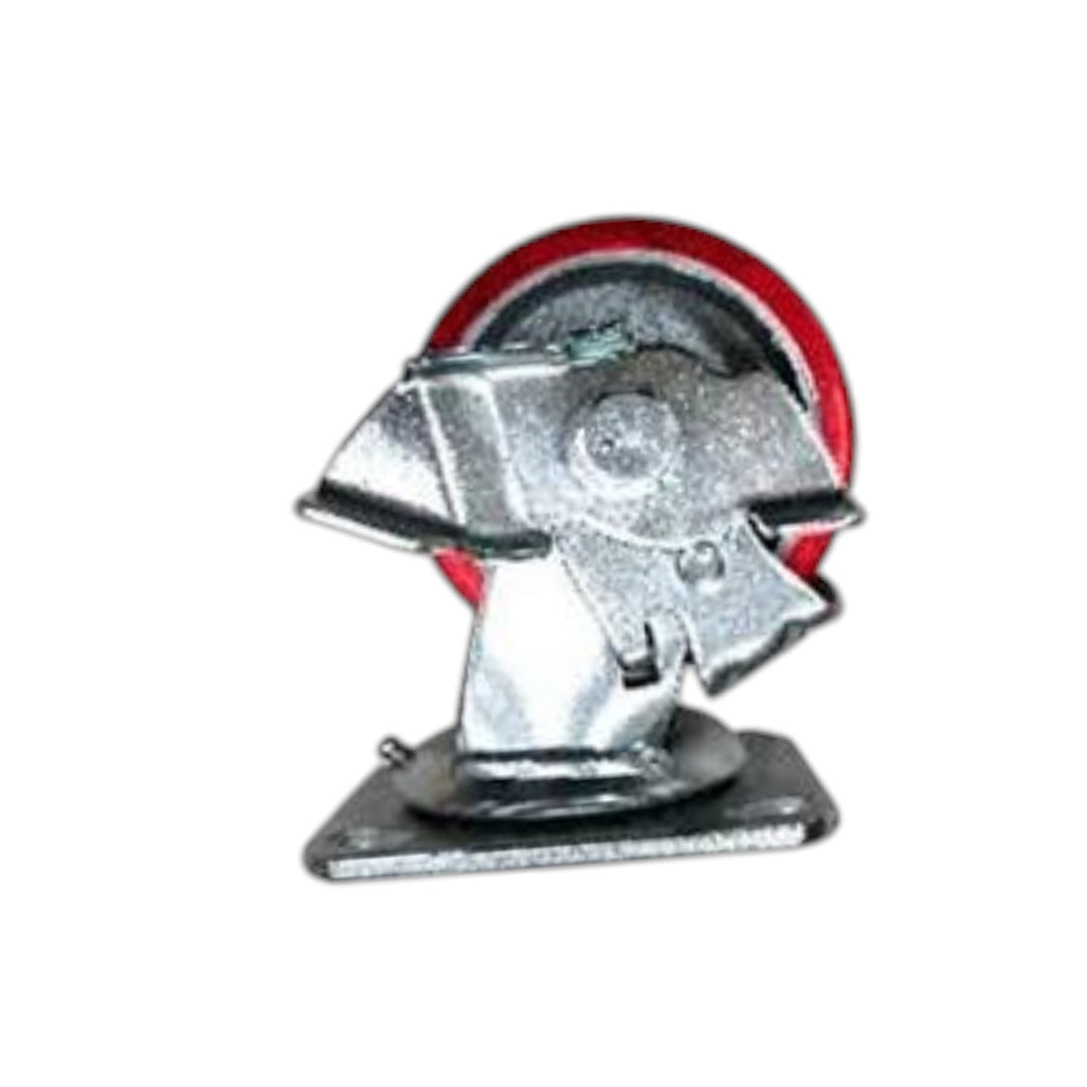 A galvanized steel swivel castor wheel with a red outer wheel rim, isolated on a white background.