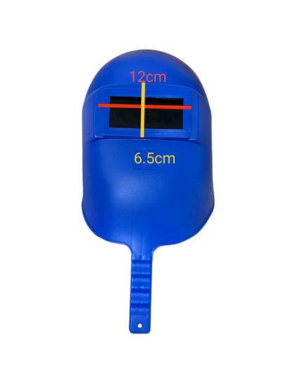 Butterfly welding mask with handle type in blue featuring a 12cm by 6.5cm viewing window for power tools
