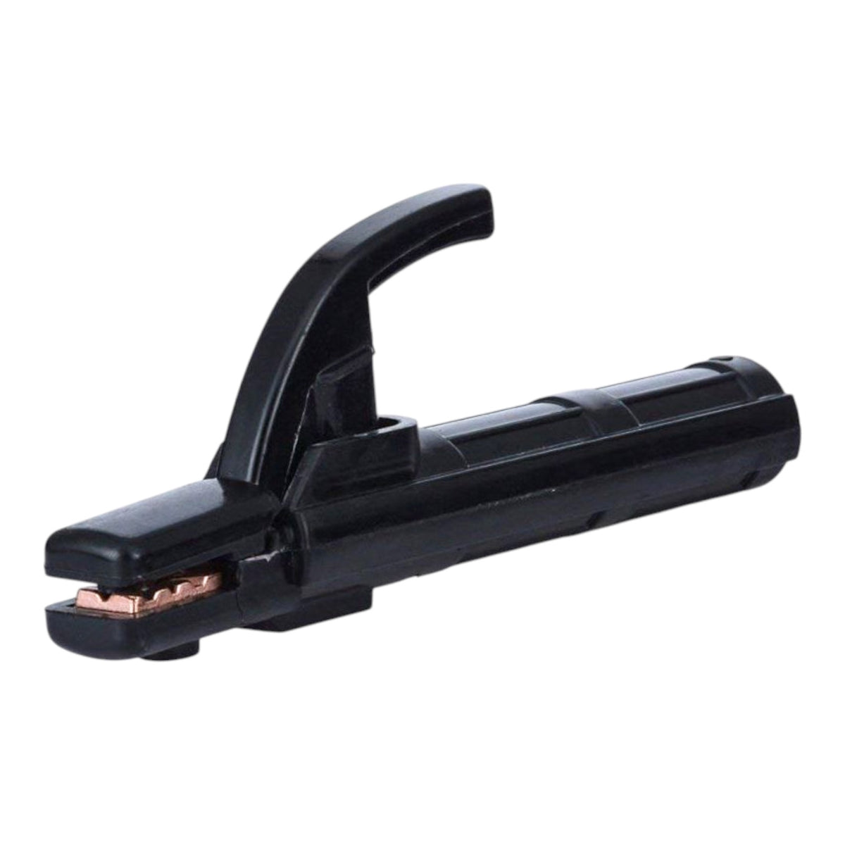 A black welding electrode holder with copper-colored contact tips, shown on a plain white background.