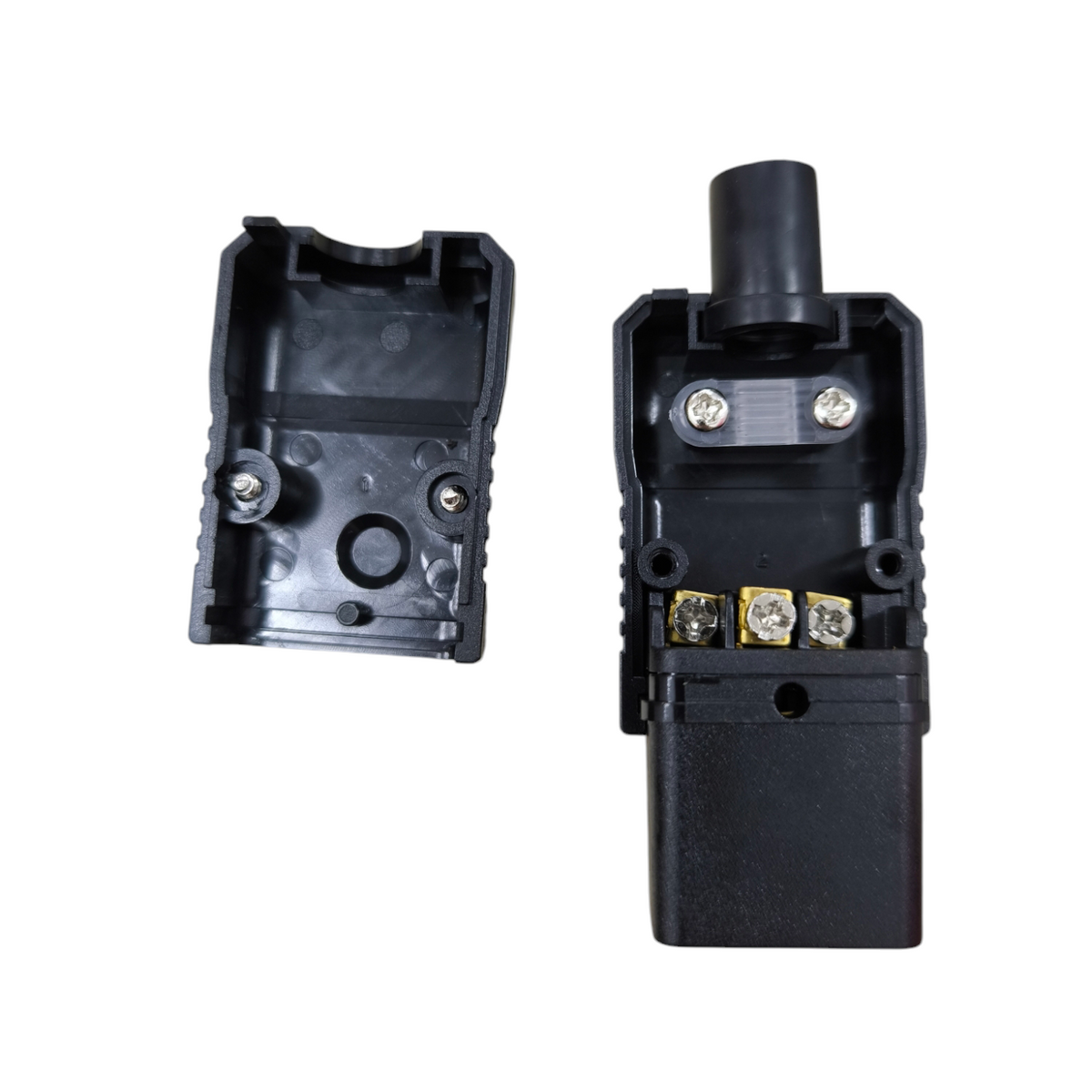 Grippes C19 Female Computer Connetor electrical circuitry part with open black plastic casing