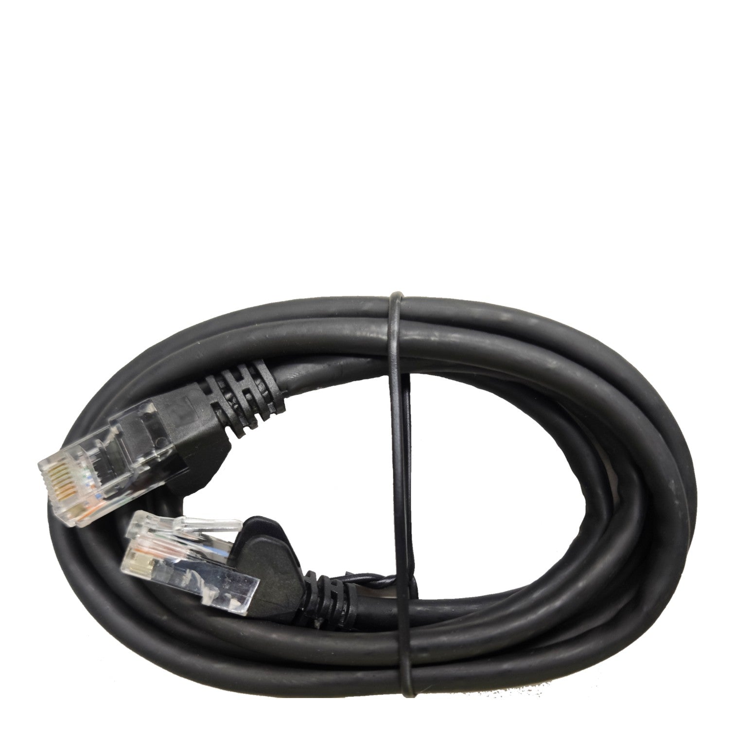 A coiled black Ethernet cable with RJ45 connectors, secured with a black tie, on a plain white background.