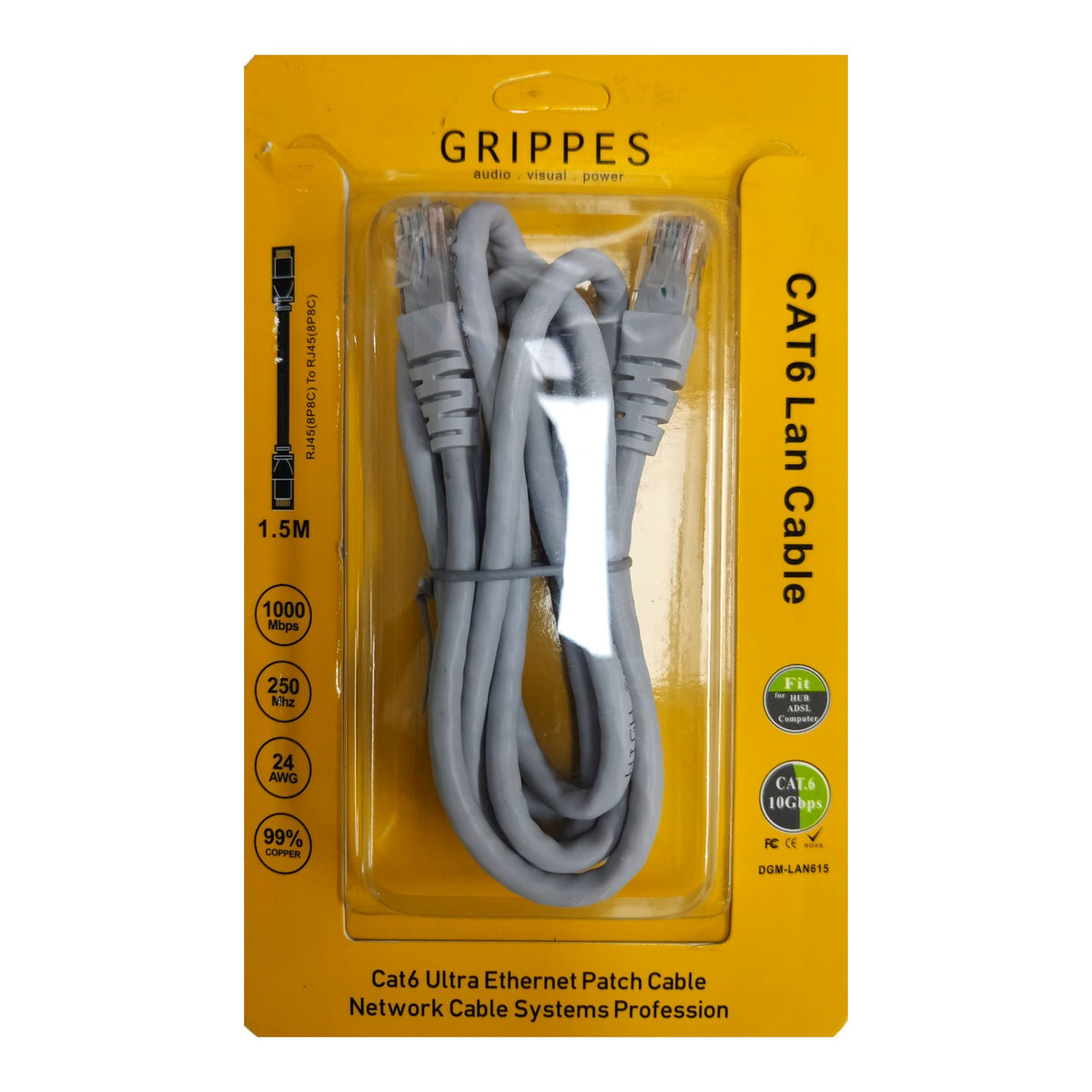 Grippes Cat6 Lan Cable 1.5M patch cable in gray, packaged in a yellow cardboard sleeve with product details printed on the front.