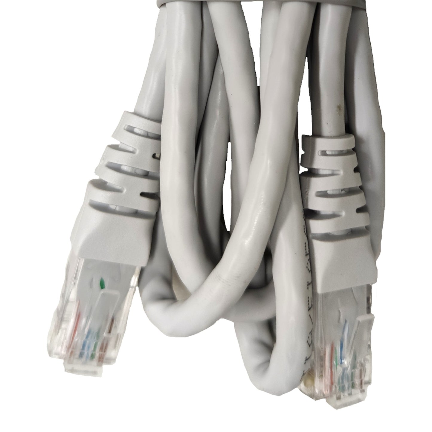 A coiled gray Ethernet cable with RJ45 connectors, shown against a plain white background.