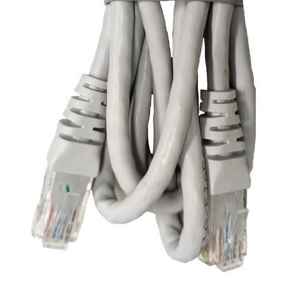 A coiled gray Ethernet cable with RJ45 connectors, shown against a plain white background.