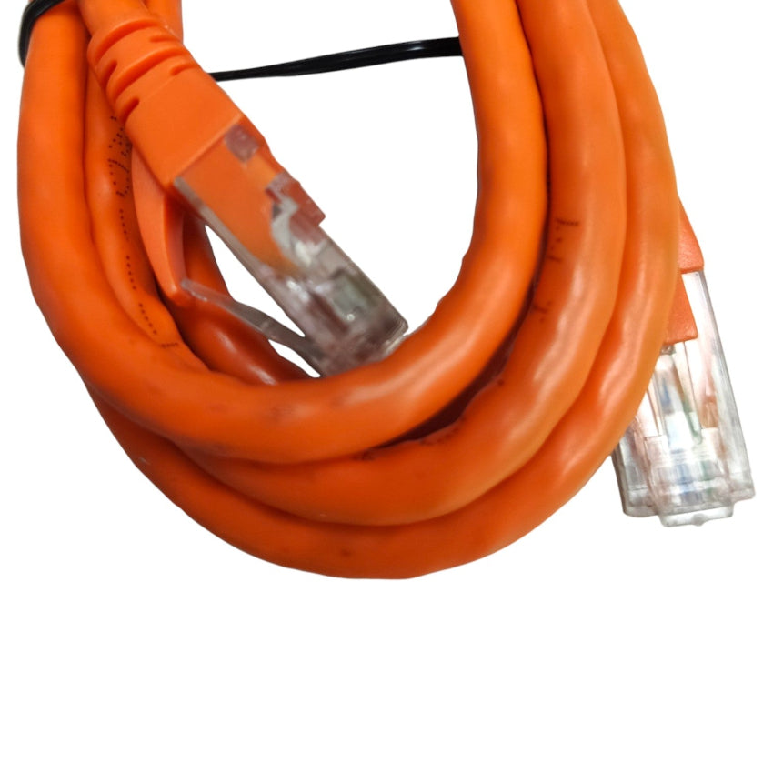 An orange Ethernet cable with RJ45 connectors, coiled on a white background.