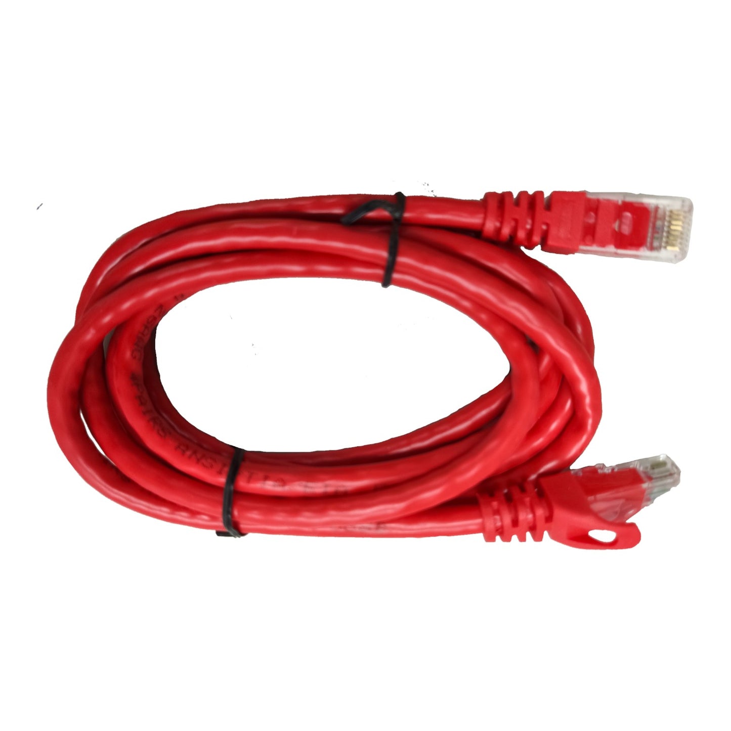 A coiled red Ethernet cable with RJ45 connectors, secured with two black ties, on a plain white background.