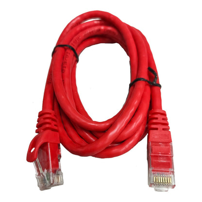 A coiled red Ethernet cable with RJ45 connectors, secured with black zip ties, on a plain white background.
