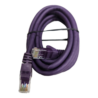 A coiled purple Ethernet cable with RJ45 connectors, secured with a black zip tie, on a plain white background.