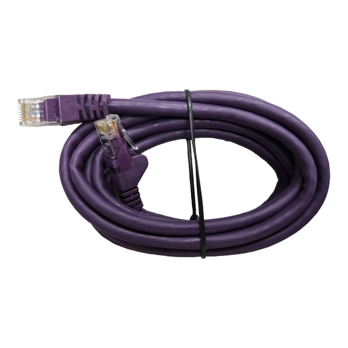 A coiled purple Ethernet cable with RJ45 connectors on both ends, secured with a black zip tie, shown against a plain white background.