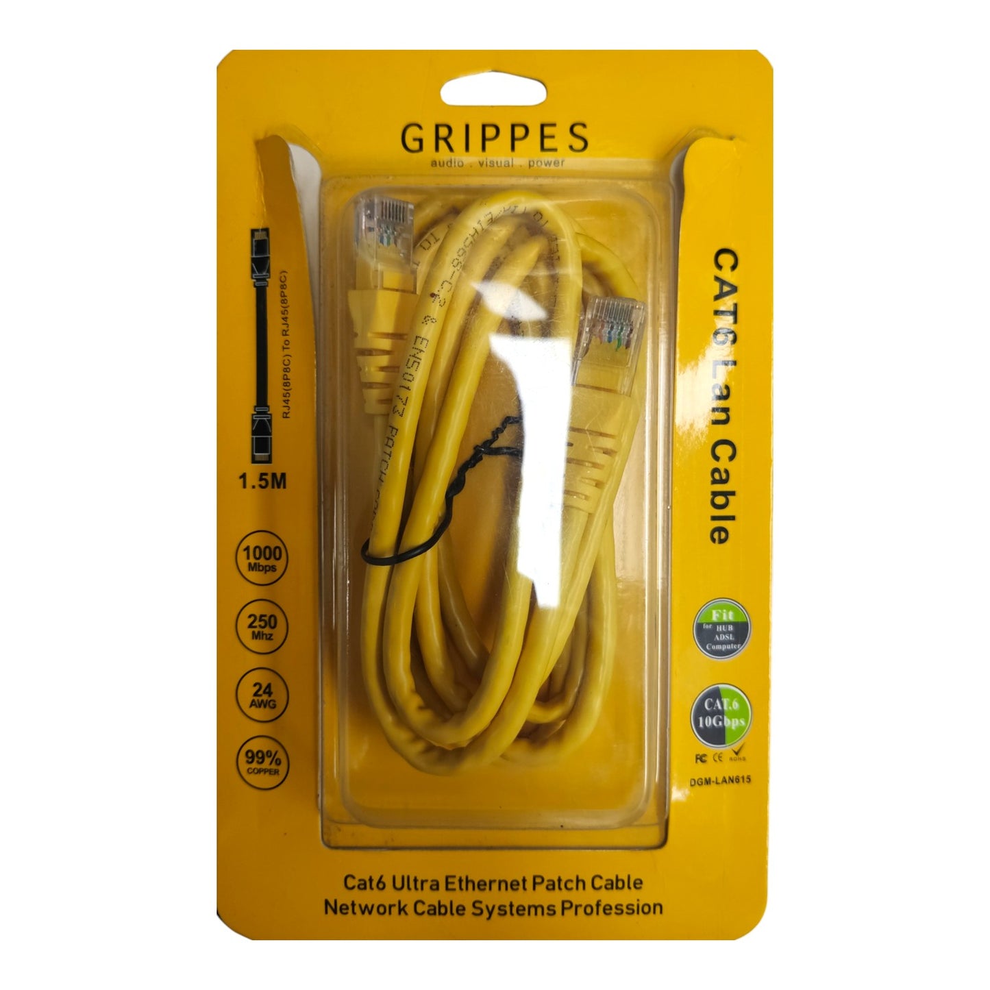 A yellow Grippes Cat6 Ethernet patch cable in its original yellow retail packaging, featuring RJ45 connectors and printed specifications on the card.