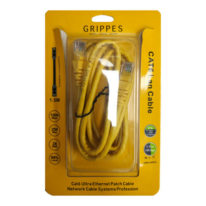 A yellow Grippes Cat6 Ethernet patch cable in its original yellow retail packaging, featuring RJ45 connectors and printed specifications on the card.