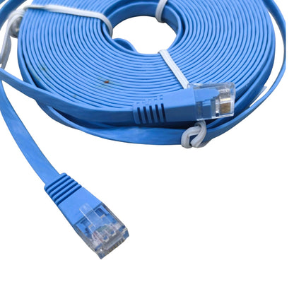 A coiled blue Ethernet cable with RJ45 connectors, secured with white zip ties, on a plain white background.