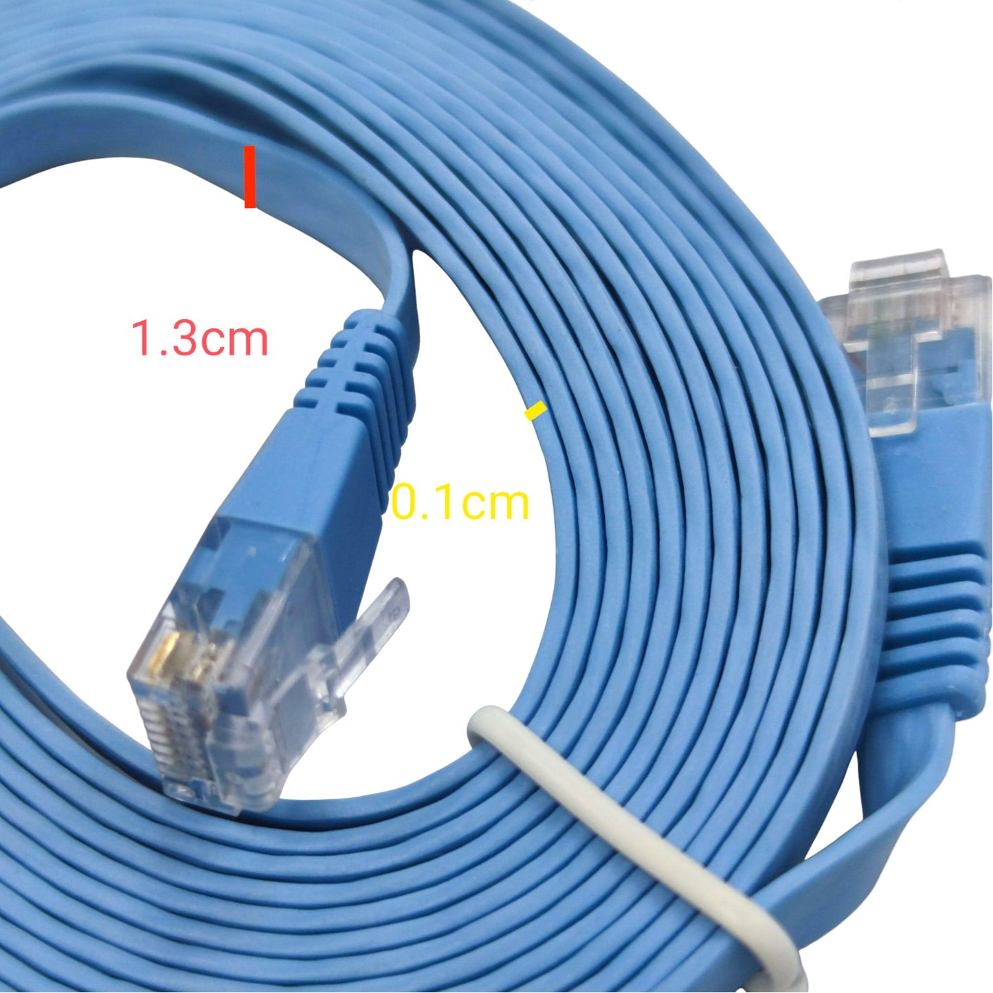 A coiled blue Ethernet cable with RJ45 connectors, overlaid with red and yellow dimension labels reading 1.3cm and 0.