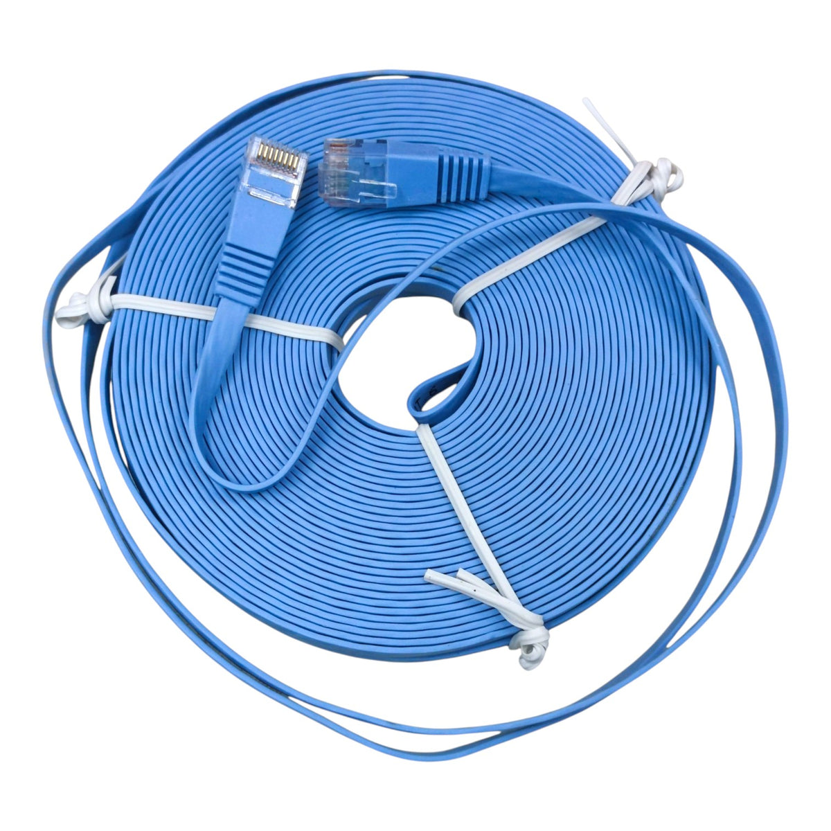 A coiled blue Ethernet cable with RJ45 connectors, secured with white zip ties, on a plain white background.