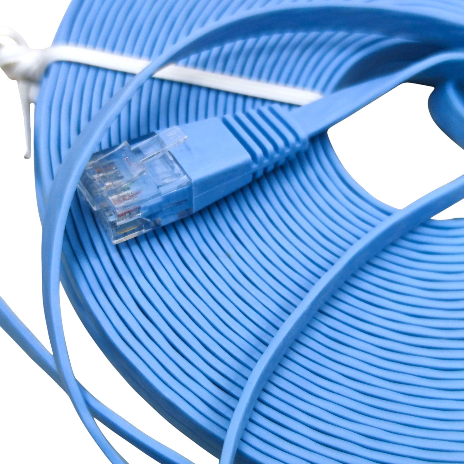 A coiled blue Ethernet cable with a RJ45 connector, secured with a white zip tie against a white background.