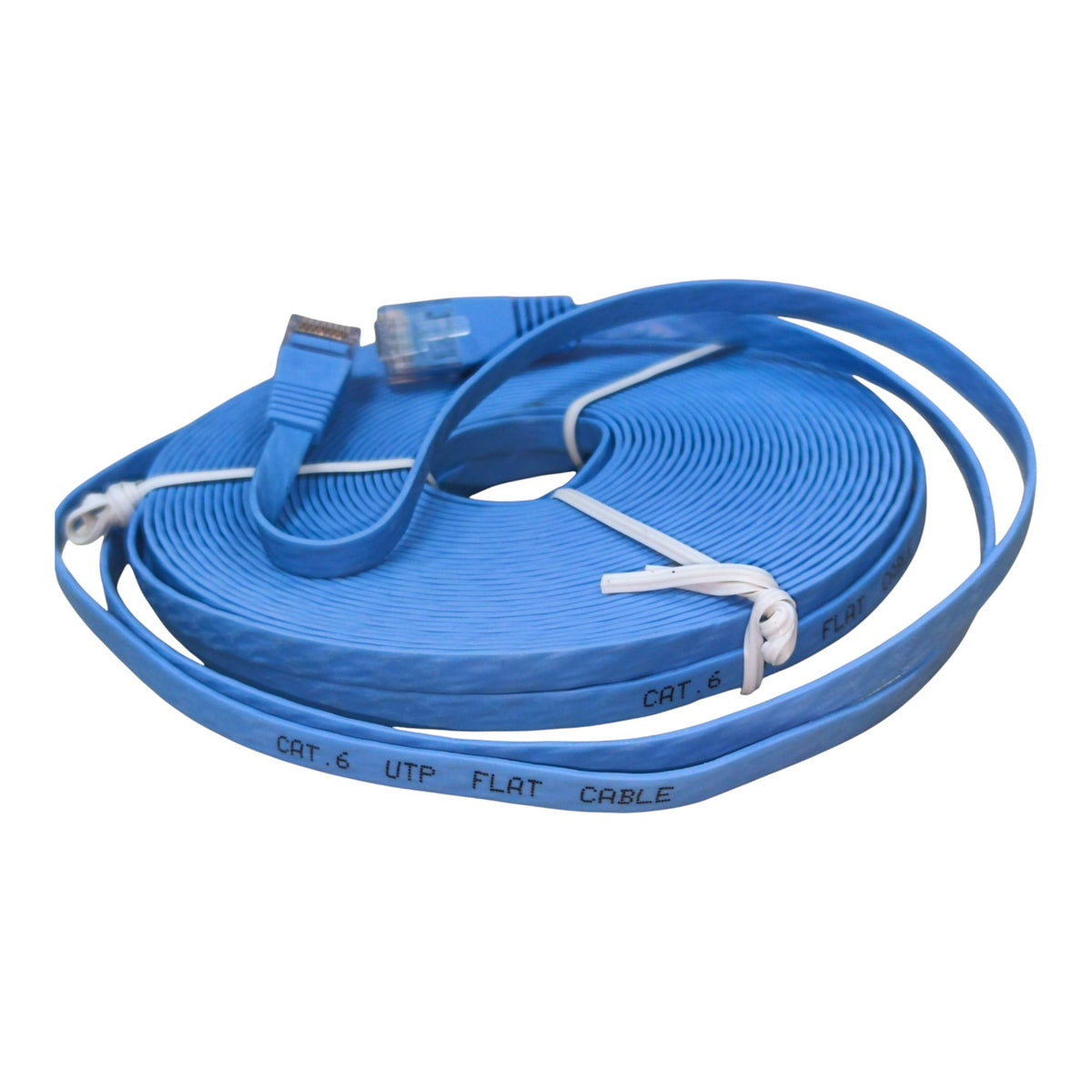 A coiled blue flat Ethernet cable with RJ45 connectors on both ends, secured with a white cord, on a plain white background.