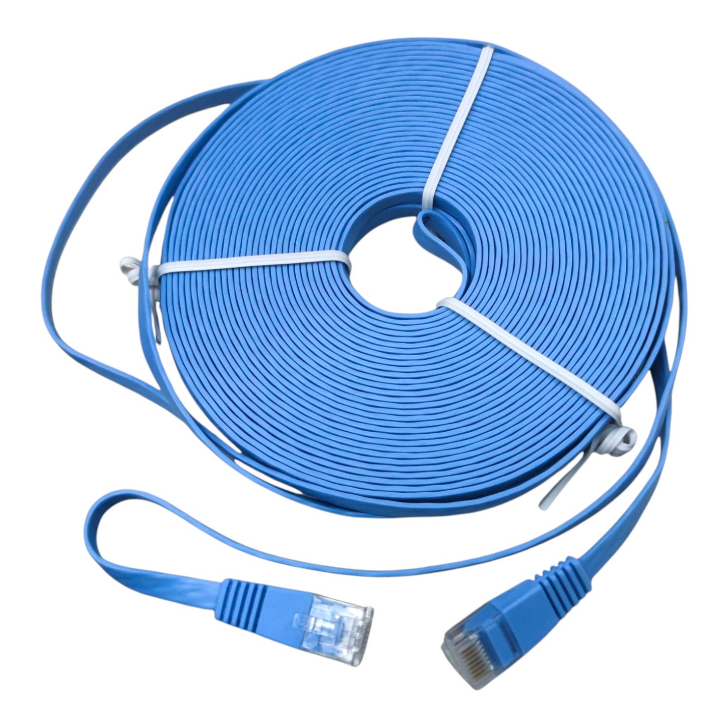 A coiled blue Ethernet cable with RJ45 connectors, secured with white zip ties, on a plain white background.