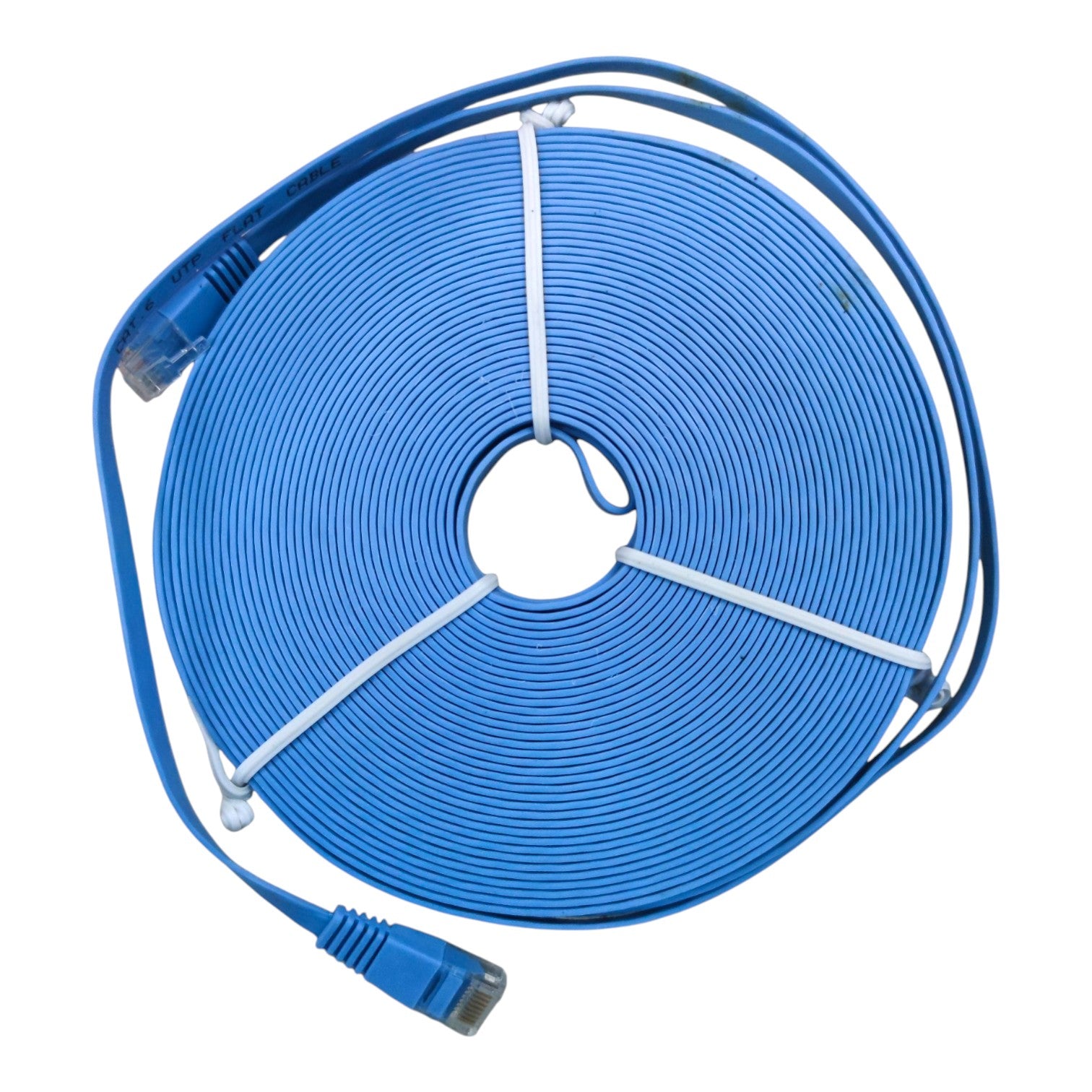 A coiled blue Ethernet cable with RJ45 connectors on both ends, secured with white zip ties, shown on a plain white background.