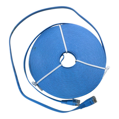 A coiled blue Ethernet cable with RJ45 connectors on both ends, secured with white zip ties, shown on a plain white background.