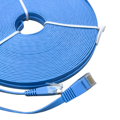 A coiled blue Ethernet cable with RJ45 connectors, secured with white zip ties, on a plain white background.